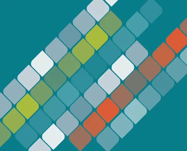 Teal background with various colored squares lined up at an angle and with rounded corners