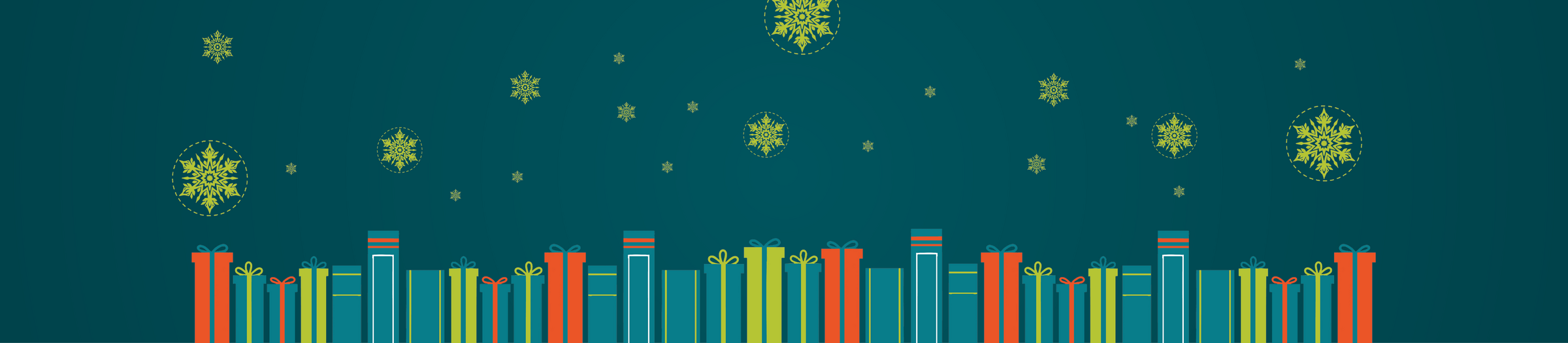 Dark green background with snow along the top and books along the bottom